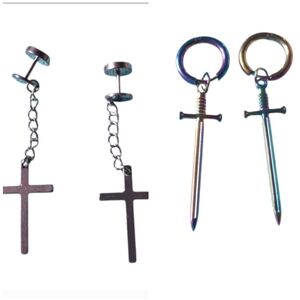 2 Pairs Of Stainless Steel Iridescent Swords + Crosses  Earrings New